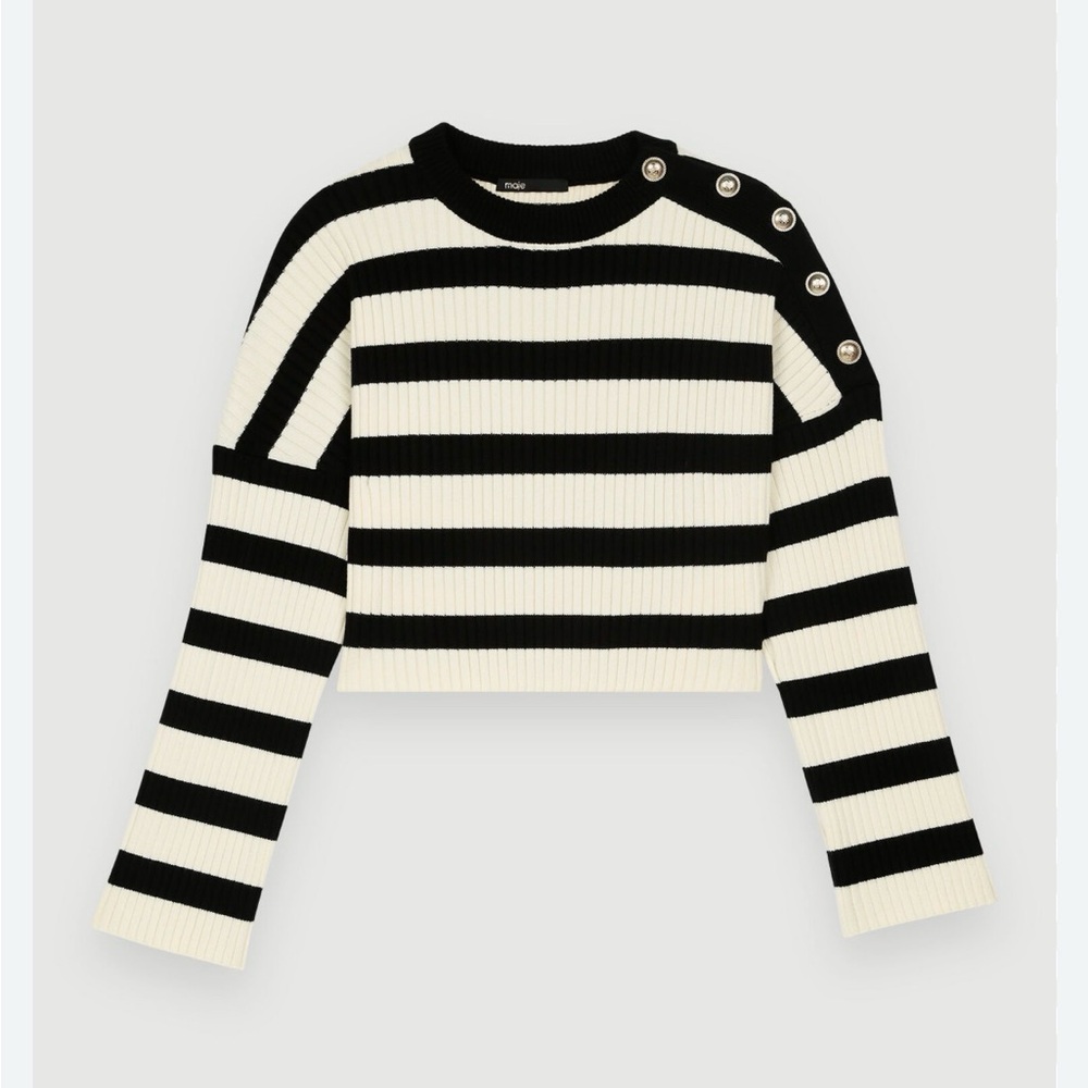 Maje Black and Cream Striped Knit Sweater